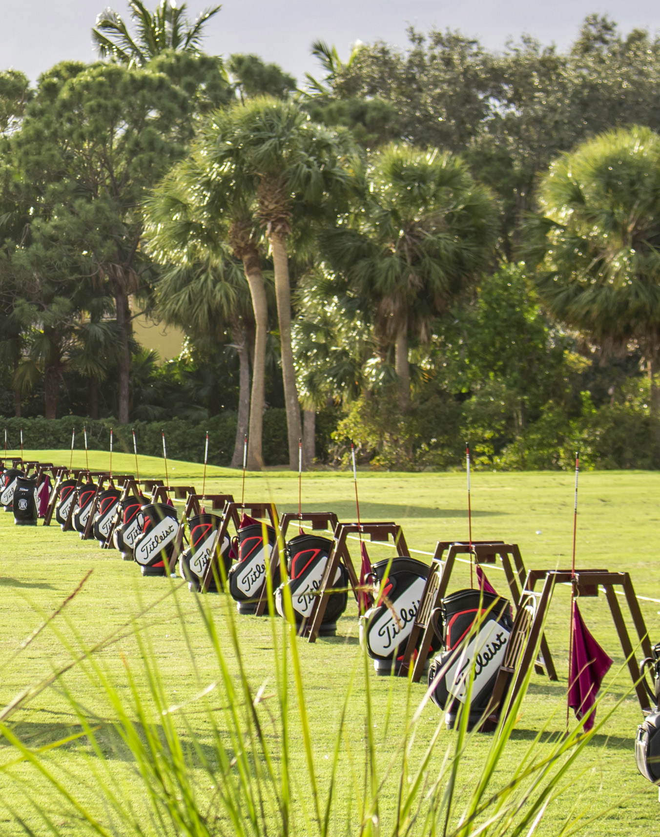 Golf bags lined up at Addison Reserve in Florida